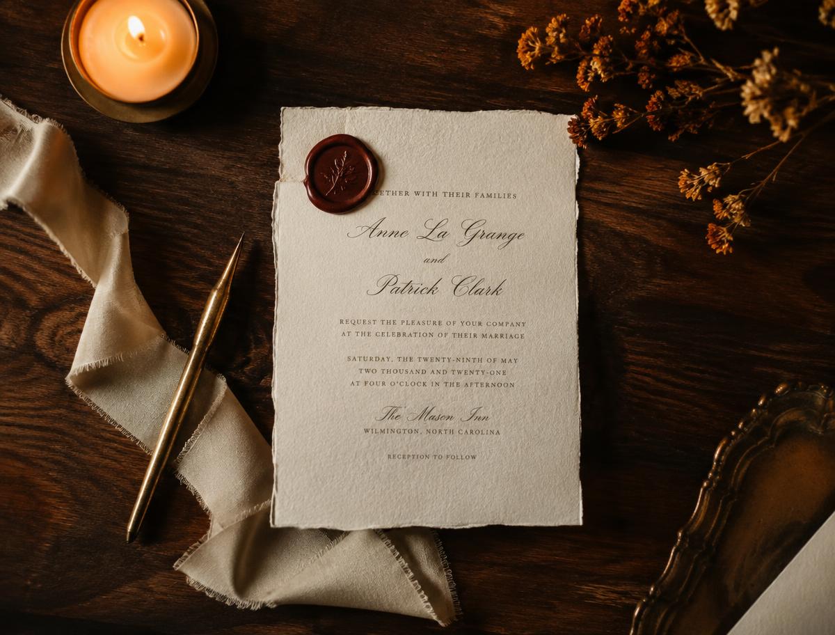 Invitación con sello de lacre rojo sobre madera